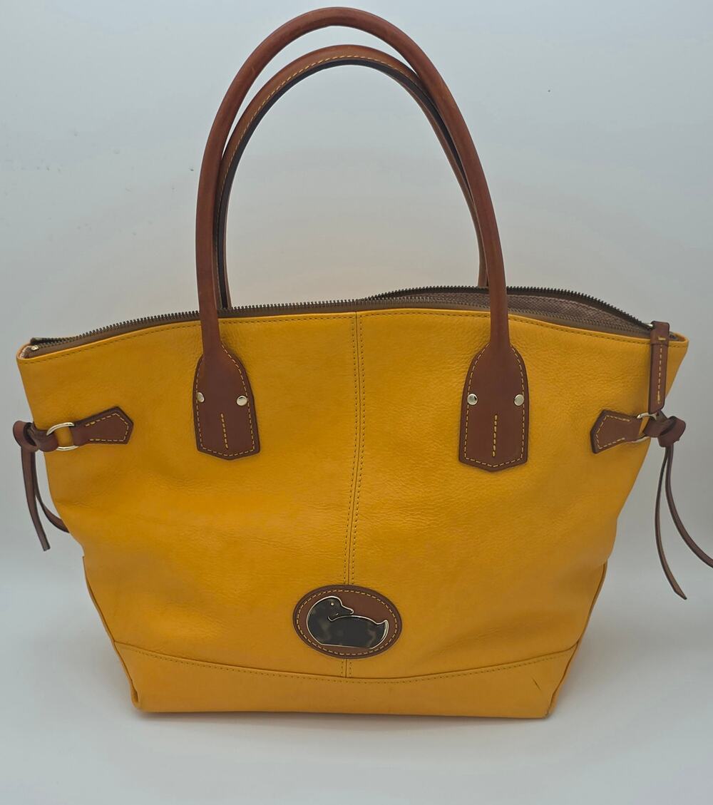 Dooney & Bourke Yellow Leather Bucket Tote Cognac Trim Duck Logo Silver
